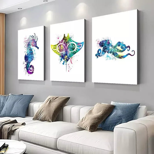 3pcs Whale Sea Horse Octopus Fish Watercolor Wall Art Set Canvas Framed 40x60cm - High Quality Print 100% Australian Made Wall Canvas Ready to Hang