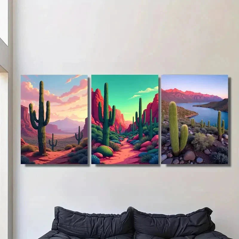 3pcs Southwestern Desert Landscape Vibrant Cactus Metal Print Ready to Hang Art