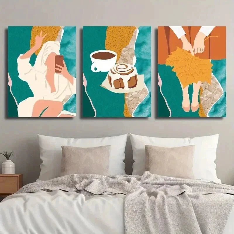 3pcs Coffee & Bread Woman in Bath Wall Art Set Canvas Framed 40x60cm - High Quality Print 100% Australian Made Wall Canvas Ready to Hang