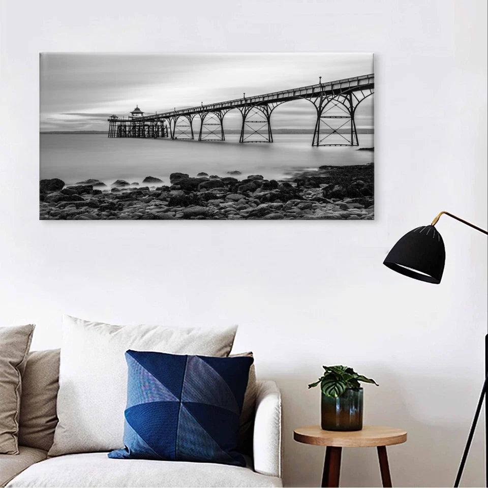 Black and White Coastal Pier Wall Art Canvas Office Home Framed 120x60cm