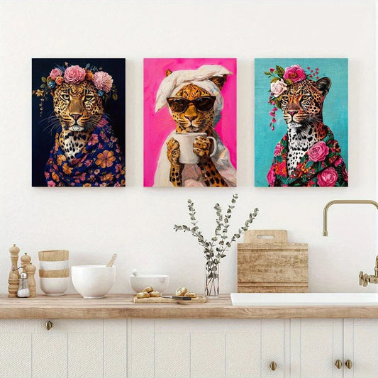 3pcs Leopard Floral Animal Classic Modern Metal Print Ready to Hang Art