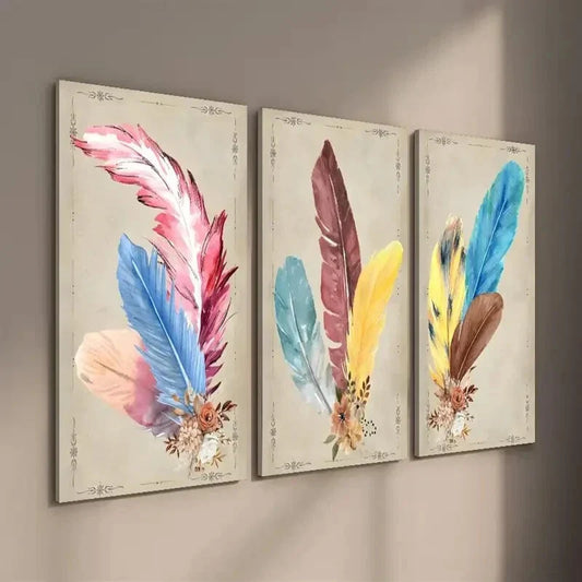 3pcs Abstract Colorful Vintage Feather Wall Art Set Canvas Framed 40x60cm - High Quality Print 100% Australian Made Wall Canvas Ready to Hang