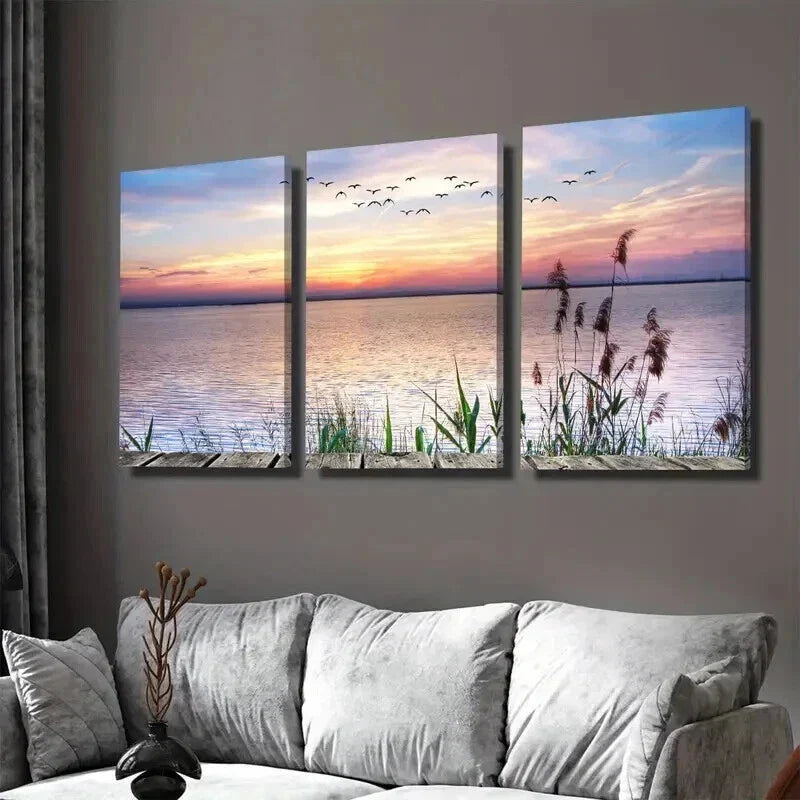 3pcs Beautiful Sunset Lake Serene Water & Ducks Wall Art Set Canvas Framed 40x60cm - High Quality Print 100% Australian Made Wall Canvas Ready to Hang