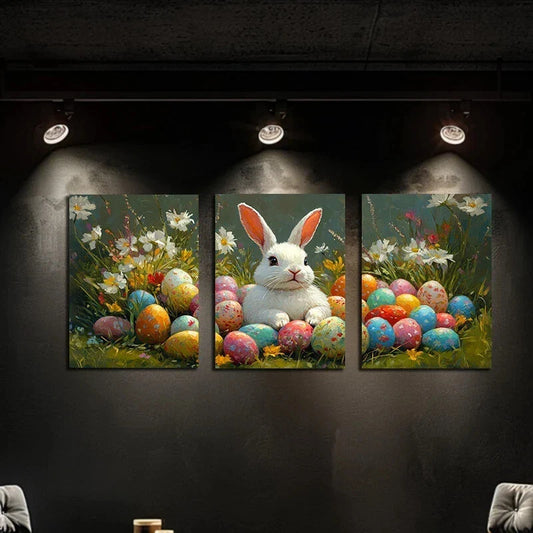 3pcs Nature Colourful Eggs White Flowers Metal Print Ready to Hang Art