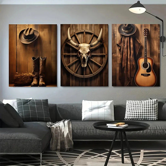 3pcs Vintage Cowboy Hat Boots Steer Skull Metal Print Ready to Hang Art