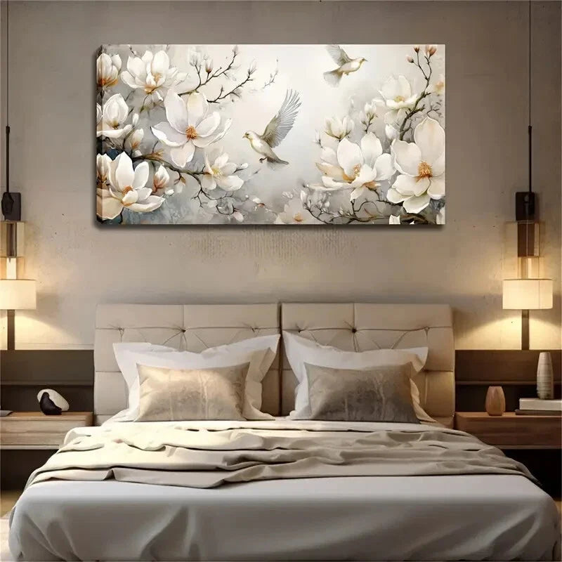 Blooming White Magnolia Flowers Wall Art Canvas Office Home Room Framed 80x45cm