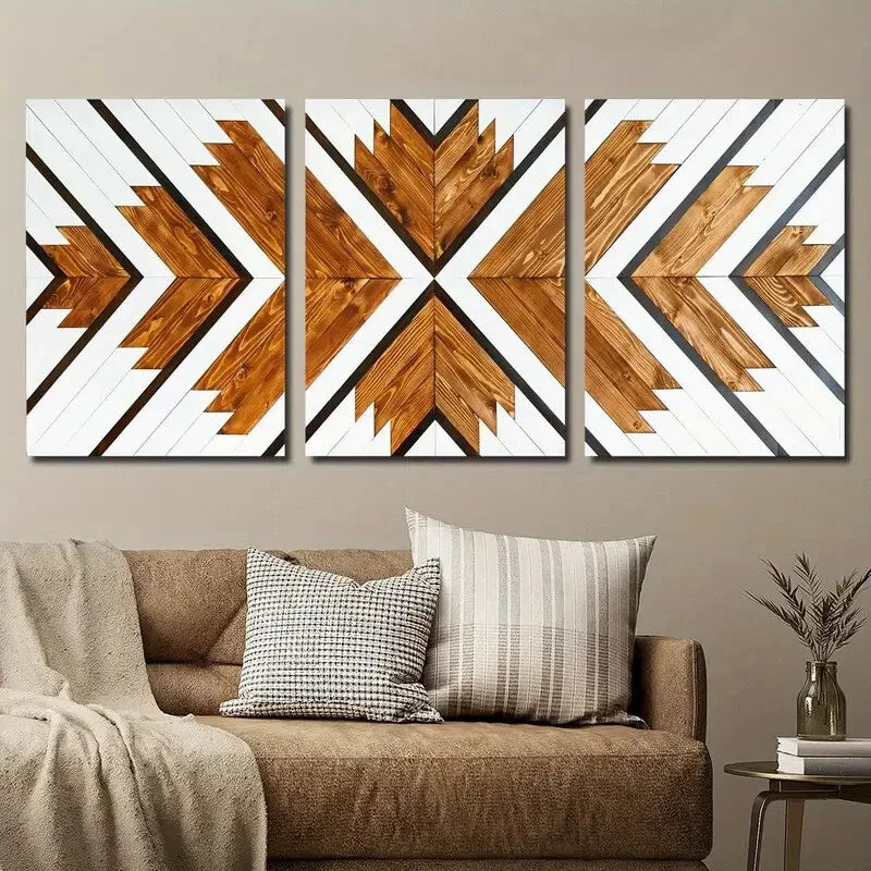 3pcs Geometric Wood Decor Wall Art Set Canvas Framed 40x60cm - High Quality Print 100% Australian Made Wall Canvas Ready to Hang