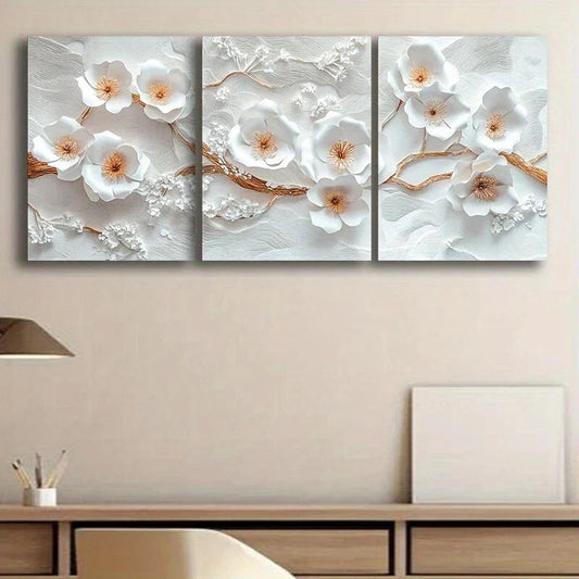 3pcs Abstract Charming Flowers White Yellow Metal Print Ready to Hang Art