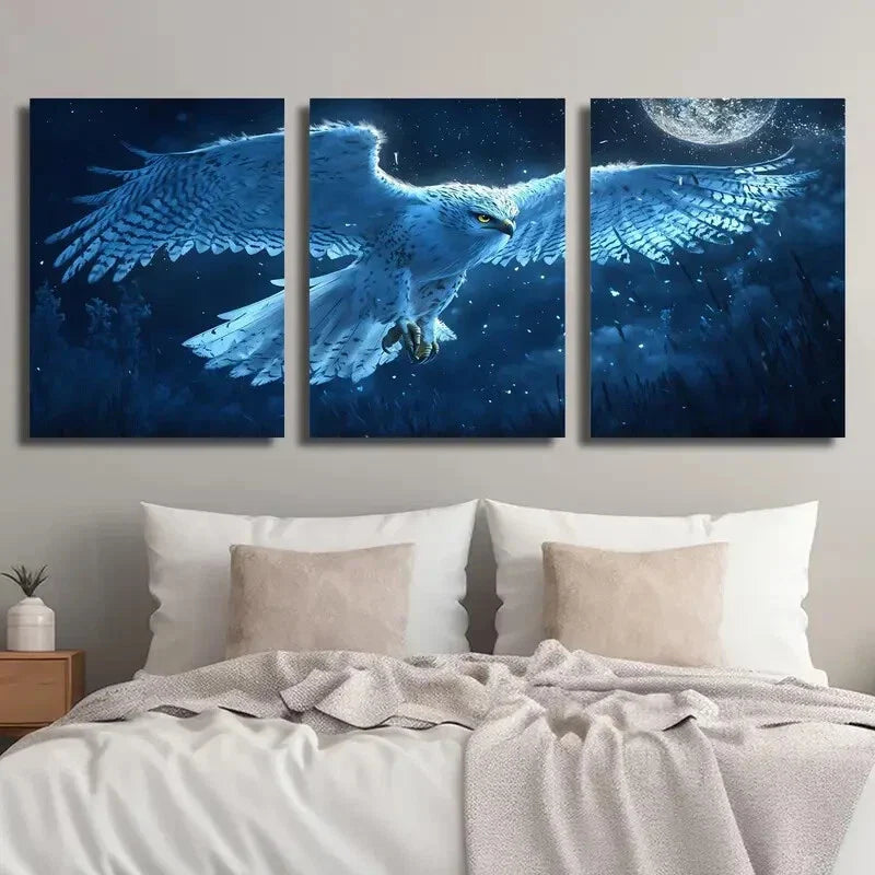 3pcs Majestic Snowy Owl in Moonlight Wall Art Set Canvas Framed 40x60cm - High Quality Print 100% Australian Made Wall Canvas Ready to Hang