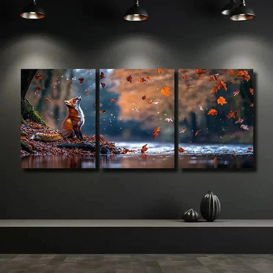 3pcs A Red Fox Is Sitting on River Bank Wall Art Set Canvas Framed 40x60cm - High Quality Print 100% Australian Made Wall Canvas Ready to Hang