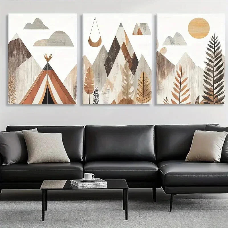 3pcs Boho Mountain Landscape Geometric Perfect Wall Art Set Canvas Framed 40x60cm - High Quality Print 100% Australian Made Wall Canvas Ready to Hang