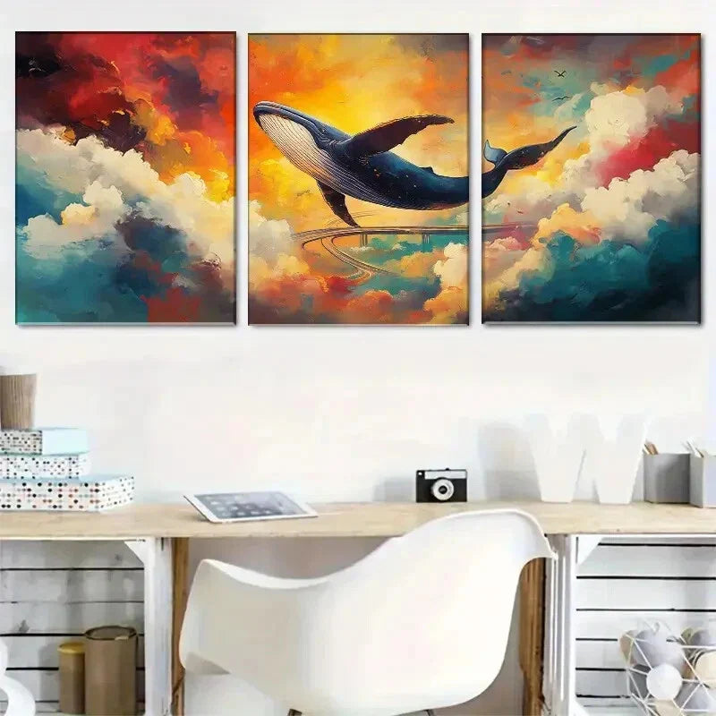 3pcs Majestic Whale Vivid Clouds Sky Perfect Wall Art Set Canvas Framed 40x60cm - High Quality Print 100% Australian Made Wall Canvas Ready to Hang