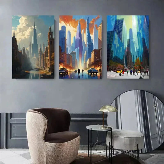 3pcs Futuristic Skyscrapers, Night Street Scene Metal Print Ready to Hang Art
