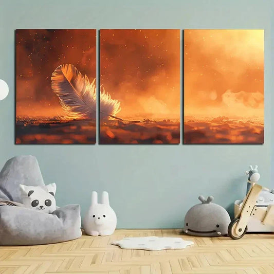 3pcs Feather Design Golden Brown White Wing Metal Print Ready to Hang Art