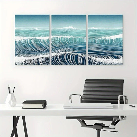 3pcs Beach Scene Blue Waves Blue & White Metal Print Ready to Hang Art