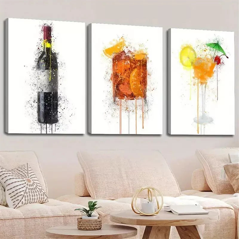 3pcs Modern Vibrant Wine Colorful Wine Glass Wall Art Set Canvas Framed 40x60cm - High Quality Print 100% Australian Made Wall Canvas Ready to Hang