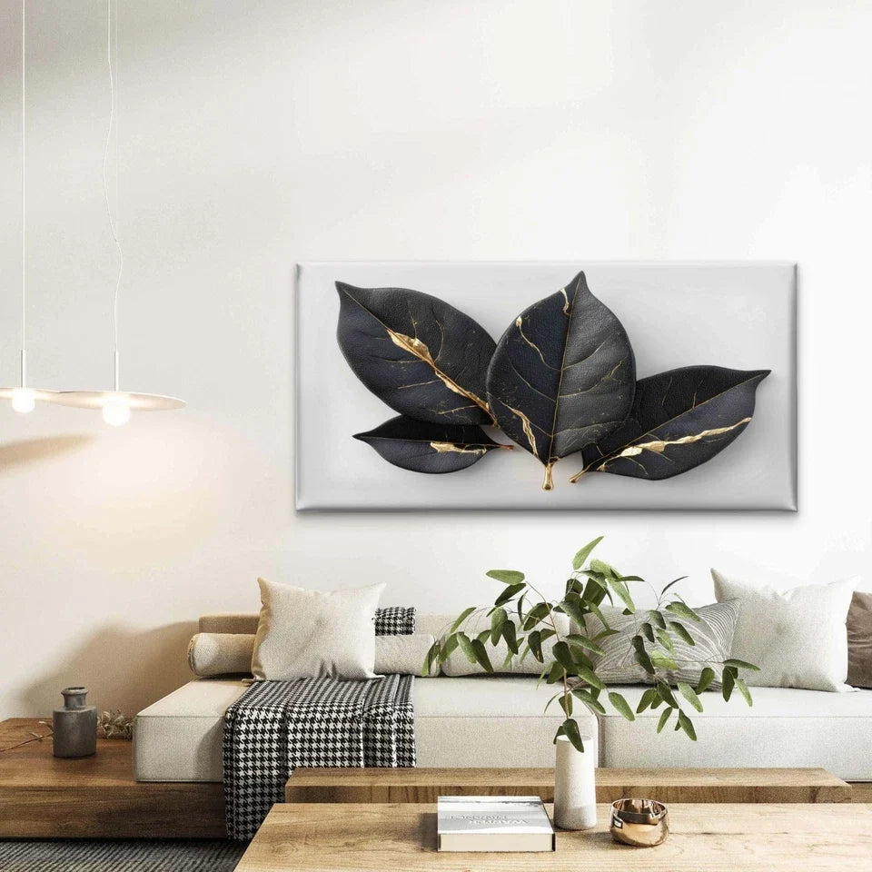 Black Leaves With Gold Accents Wall Art Canvas Office Home Room Framed 120x60cm