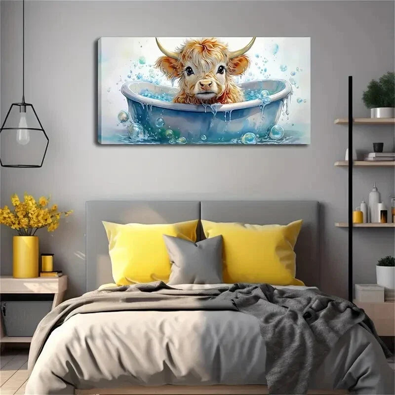 Highland Cow Calf Bubble Bath Wall Art Canvas Office Home Room Framed 80x45cm