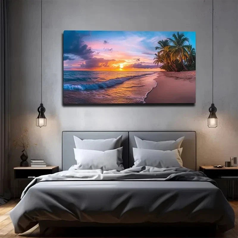 Golden Skyline with Palm Trees Wall Art canvas office home room framed 120x60cm