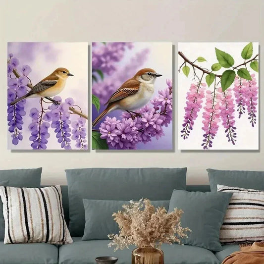 3pcs Beautiful Bird and Flower Purple Floral Wall Art Set Canvas Framed 40x60cm - High Quality Print 100% Australian Made Wall Canvas Ready to Hang