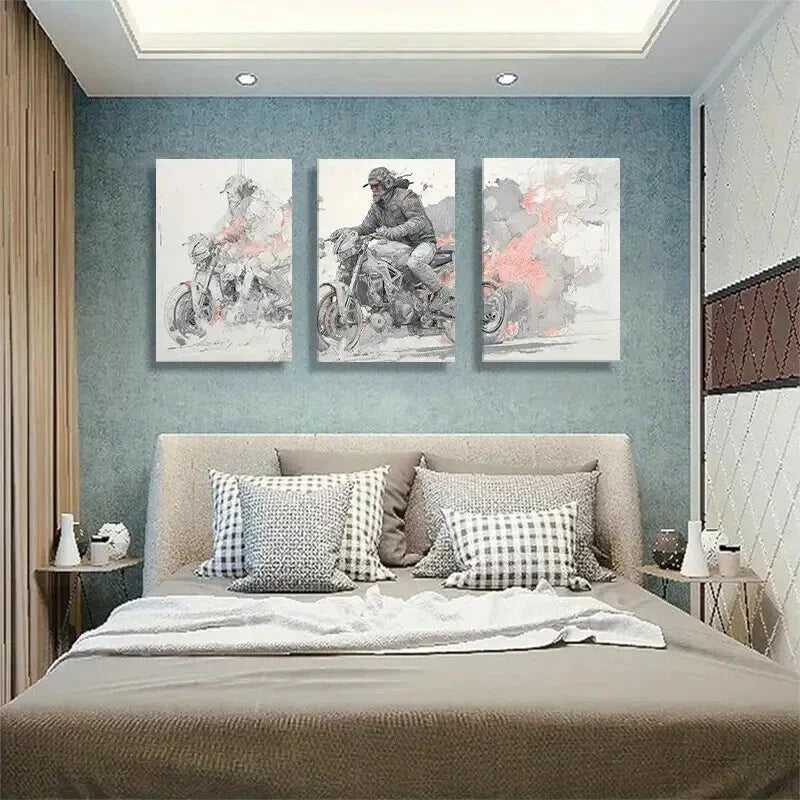 3pcs Biker in Action with Creative Smoke Perfect Wall Art Set Canvas Framed 40x60cm - High Quality Print 100% Australian Made Wall Canvas Ready to Hang