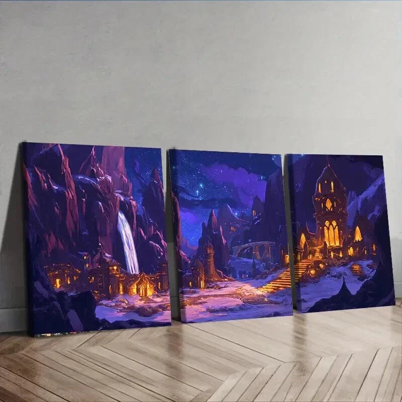 3pcs Ancient Mountain City Dark Colorful Perfect Wall Art Set Canvas Framed 40x60cm - High Quality Print 100% Australian Made Wall Canvas Ready to Hang
