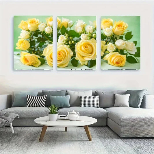 3pcs A Bouquet of Yellow And White Roses Metal Print Ready to Hang Art