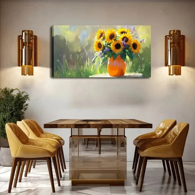 Vibrant Sunflowers Orange Vase Wall Art Canvas Office Home Room Framed 120x60cm