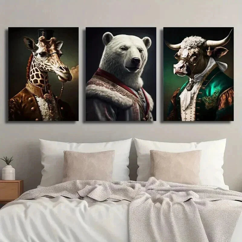 3pcs Giraffe Polar Bear & Bull Wearing Clothes Wall Art Set Canvas Framed 40x60cm - High Quality Print 100% Australian Made Wall Canvas Ready to Hang