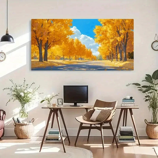 Autumn Road Yellow Leaves Blue Wall Art Canvas Office Home Room Framed 120x60cm