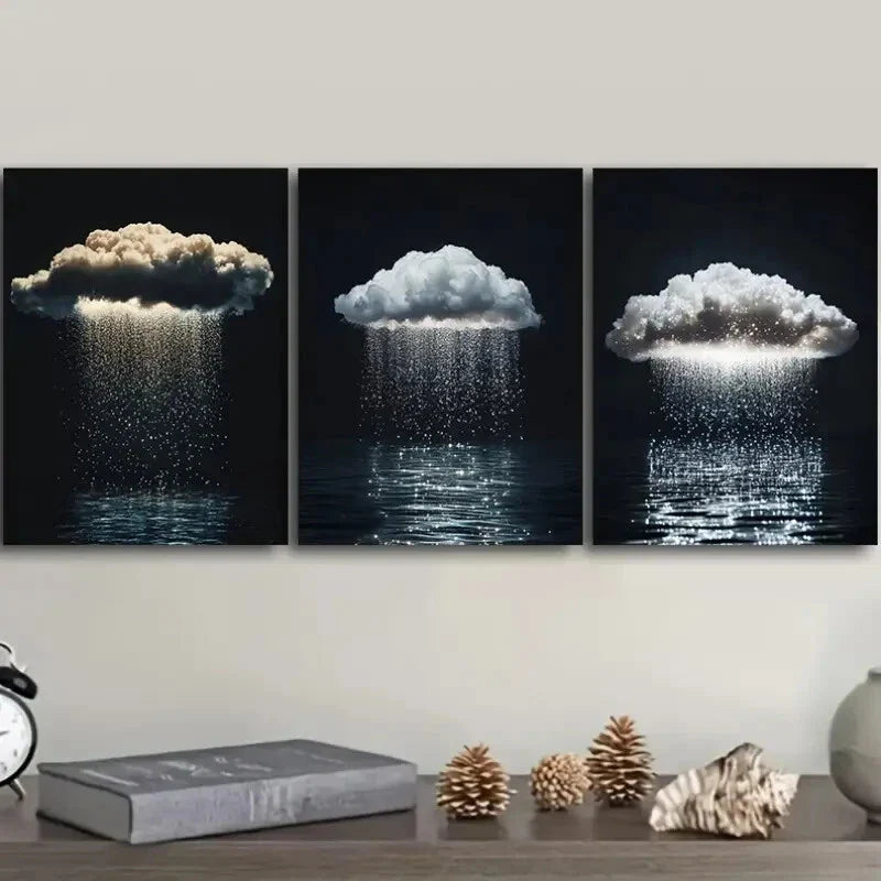 3pcs Featuring a Solitary Cloud with Rain Wall Art Set Canvas Framed 40x60cm - High Quality Print 100% Australian Made Wall Canvas Ready to Hang