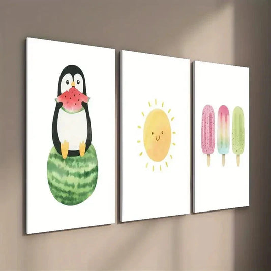 3pcs Baby Penguin on Watermelon Summer Popsicle Wall Art Set Canvas Framed 40x60cm - High Quality Print 100% Australian Made Wall Canvas Ready to Hang