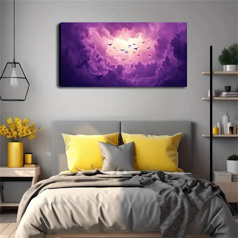 Birds in Purple Clouds Modern Wall Art Canvas Office Home Room Framed 120x60cm