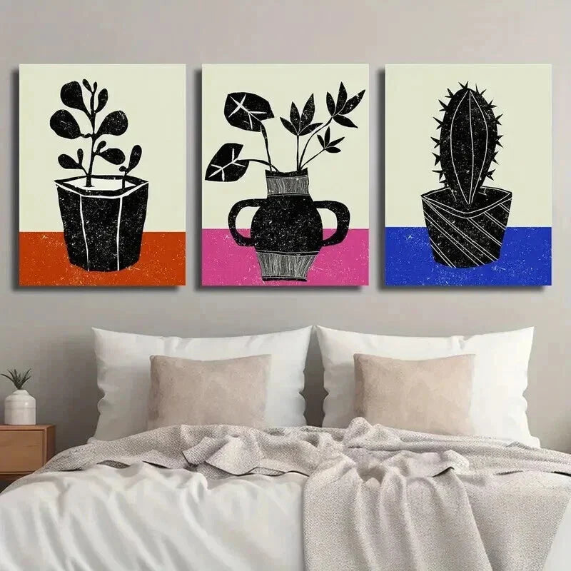 3pcs Botanical Leaf Cactus Silhouette Wall Art Set Canvas Framed 40x60cm - High Quality Print 100% Australian Made Wall Canvas Ready to Hang