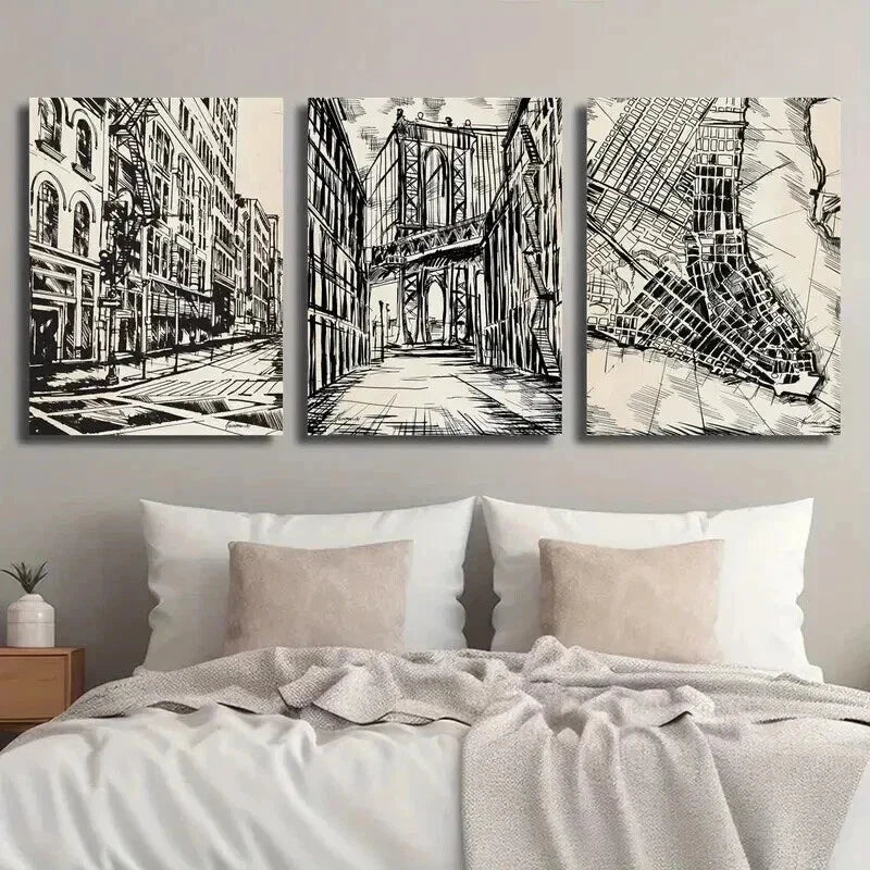 3pcs Black & White New York City Street Map Wall Art Set Canvas Framed 40x60cm - High Quality Print 100% Australian Made Wall Canvas Ready to Hang
