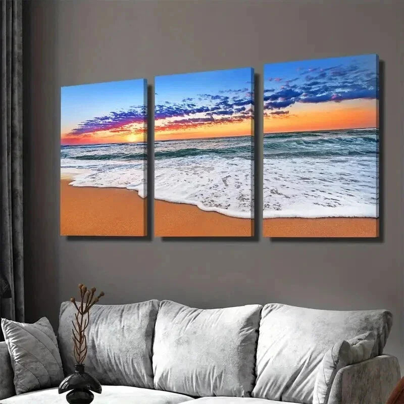 3pcs Beach Sunset Vibrant Seascape Sandy Shore Wall Art Set Canvas Framed 40x60cm - High Quality Print 100% Australian Made Wall Canvas Ready to Hang