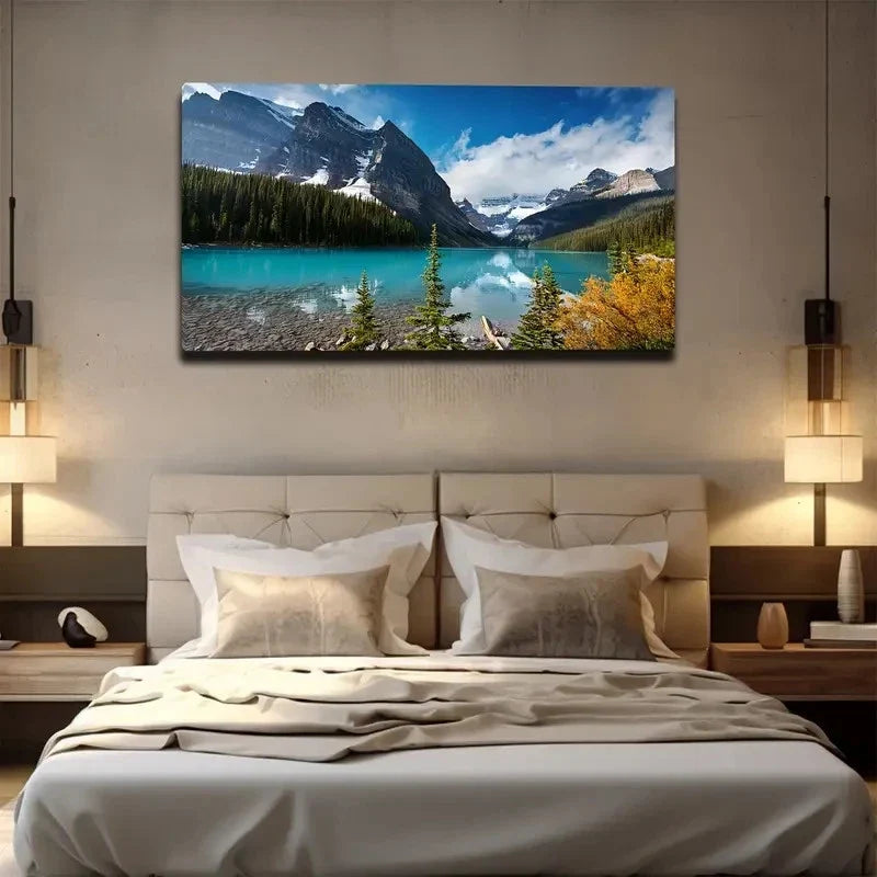 Serene Mountain Lake Wall Art Canvas Office Home Room Framed 80x45cm