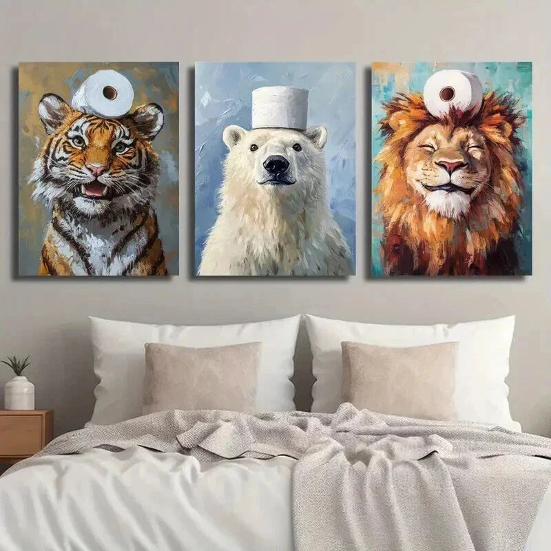 3pcs Tiger and Polar Bear Toilet Paper on Head Wall Art Set Canvas Framed 40x60cm - High Quality Print 100% Australian Made Wall Canvas Ready to Hang