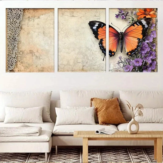 3pcs Rustic Floral Lace Vintage Butterfly Wall Art Set Canvas Framed 40x60cm - High Quality Print 100% Australian Made Wall Canvas Ready to Hang