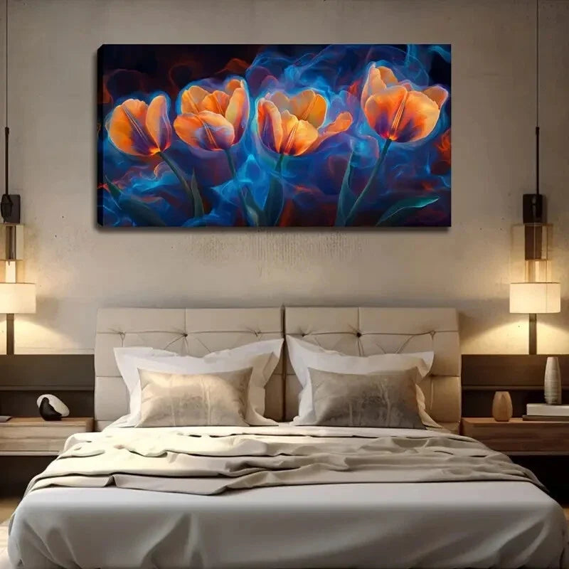 Vibrant Orange Tulips Bloom Wall Art Canvas Office Home Room Framed 120x60cm