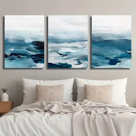 3pcs Abstract Seascape Blue Oil Painting Metal Print Ready to Hang Art