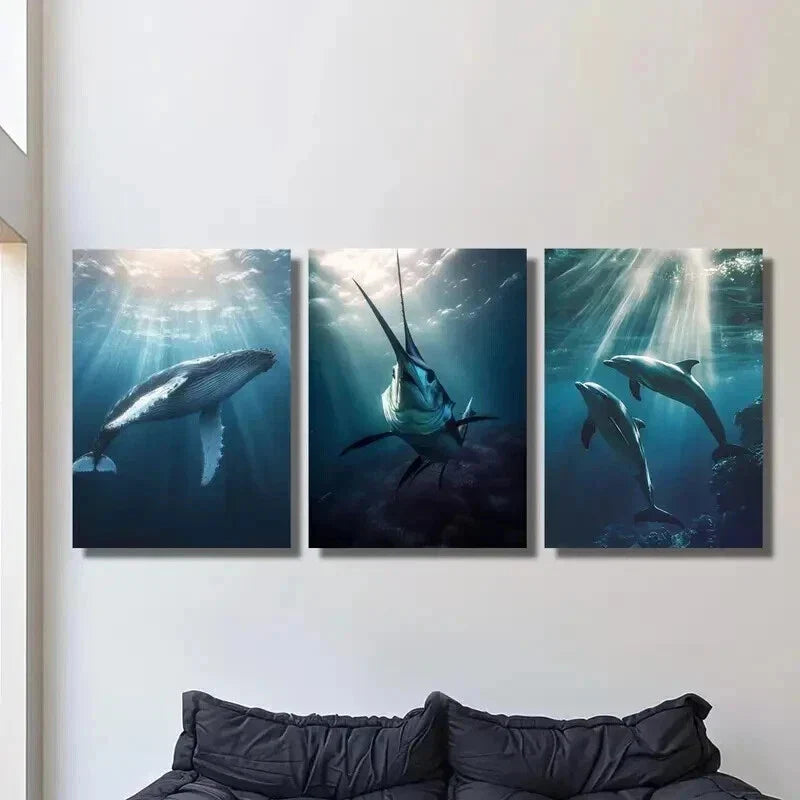 3pcs Diving Whale Swordfish & Dolphins Wall Art Set Canvas Framed 40x60cm - High Quality Print 100% Australian Made Wall Canvas Ready to Hang