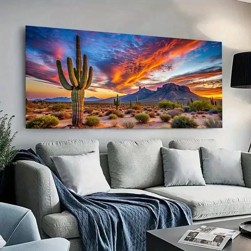 Cactus Sunset Desert Décor Wall Art Canvas Office Home Room Framed 80x45cm