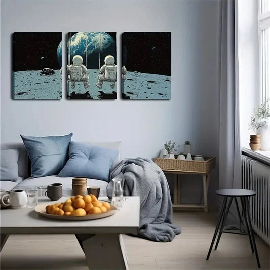 3pcs Astronauts on Moon with Earth View Wall Art Set Canvas Framed 40x60cm - High Quality Print 100% Australian Made Wall Canvas Ready to Hang