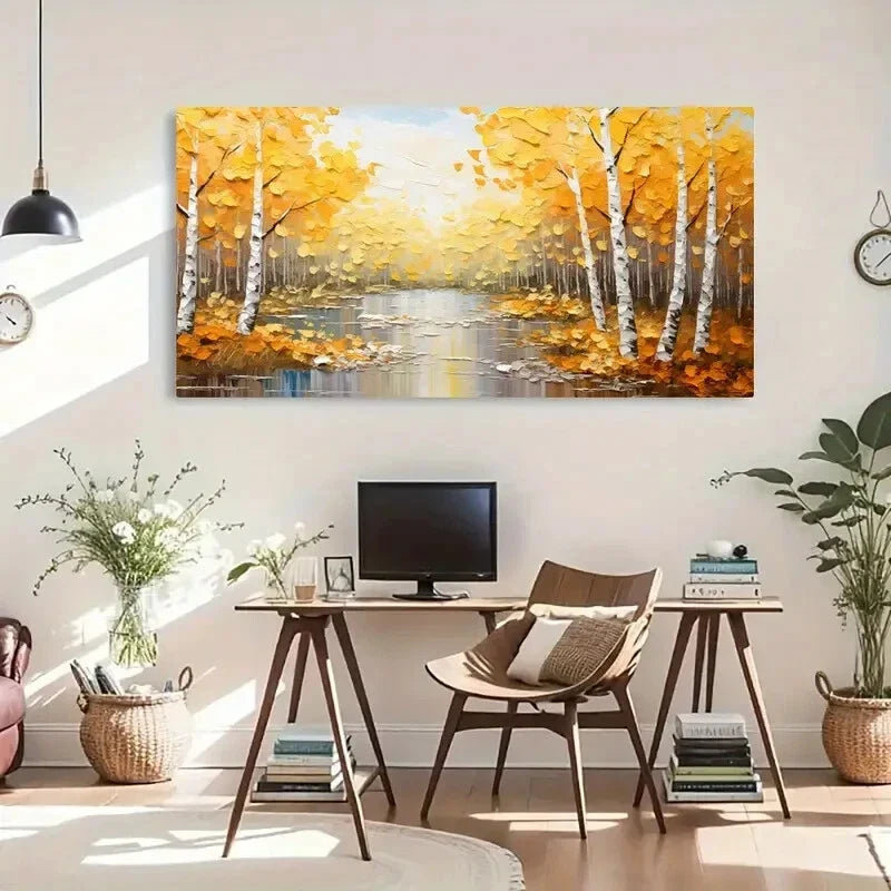 Autumn Golden Woods Birch Wall Art Canvas Office Home Room Framed 120x60cm