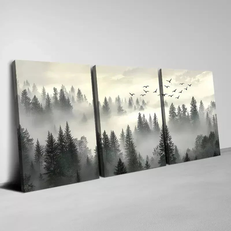3pcs Tranquil Black and  Gray Misty Forest Birds Wall Art Set Canvas Framed 40x60cm - High Quality Print 100% Australian Made Wall Canvas Ready to Hang
