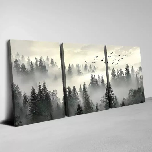3pcs Tranquil Black and  Gray Misty Forest Birds Wall Art Set Canvas Framed 40x60cm - High Quality Print 100% Australian Made Wall Canvas Ready to Hang