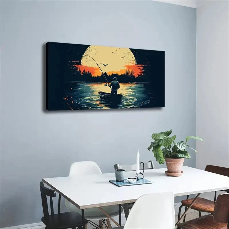 Serene Fishing Scene at Sunset Wall Art Canvas Office Home Room Framed 80x45cm