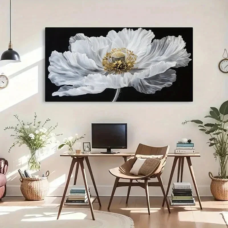 White Flower with Golden Accent Wall Art Canvas Office Home Room Framed 80x45cm