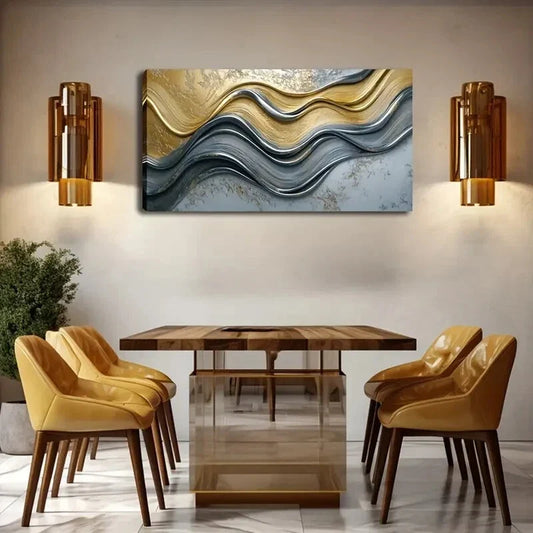 Abstract Wave Design Blue Gold Wall Art Canvas Office Home Room Framed 120x60cm